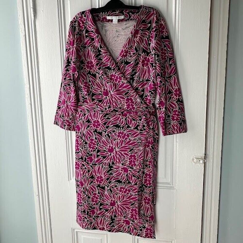 Diane Von Furstenberg Fuchsia and Black Floral Wrap Mini Dress